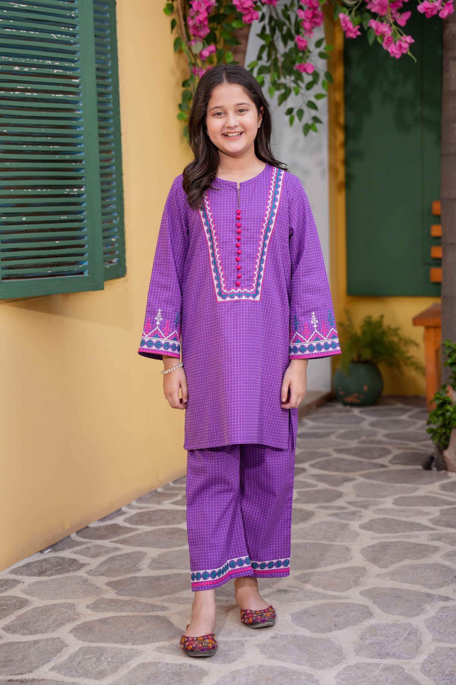 Purple Printed Girls Kurta Trouser Set
