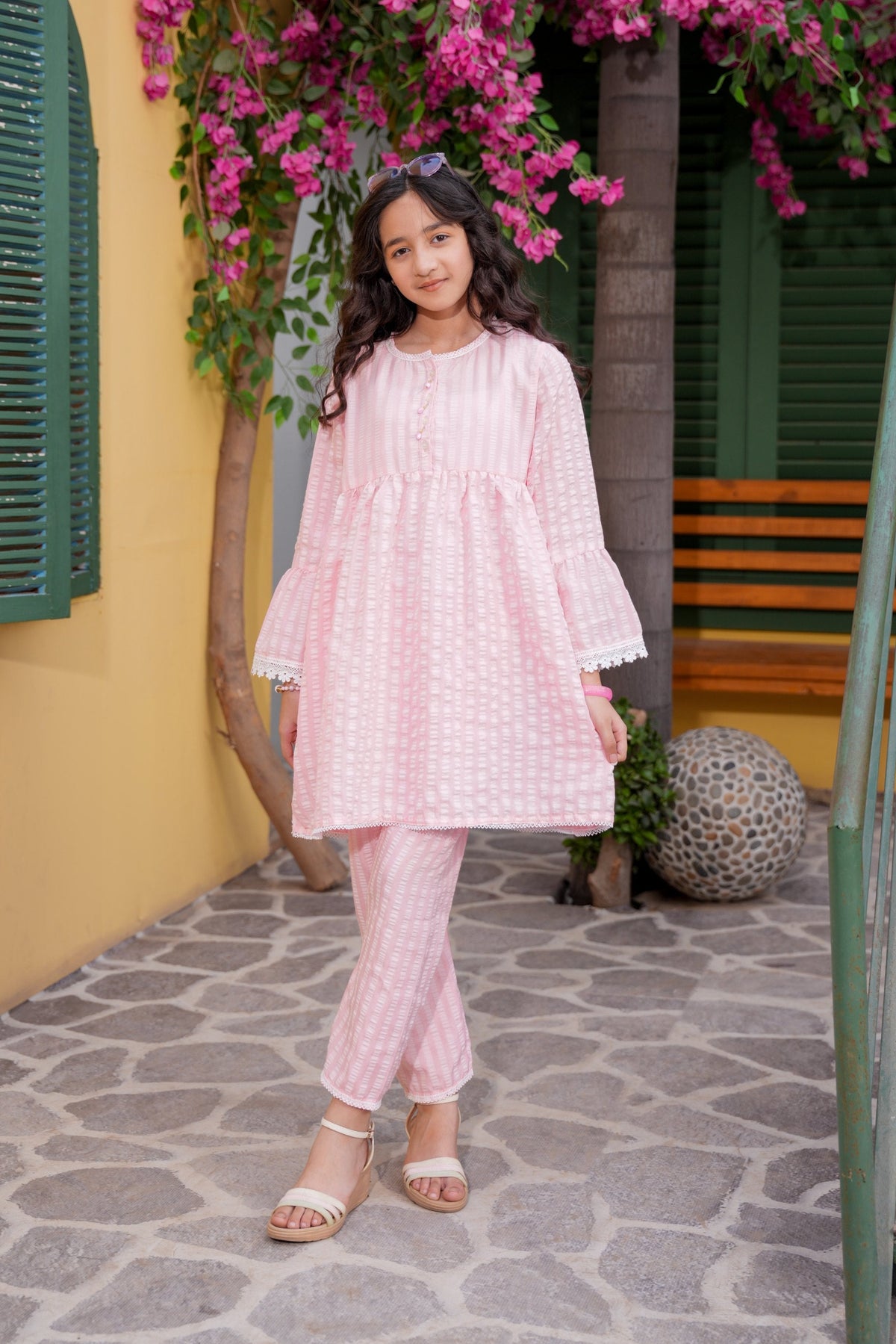 Pastel Pink Textured Girls Kurta Trouser Set