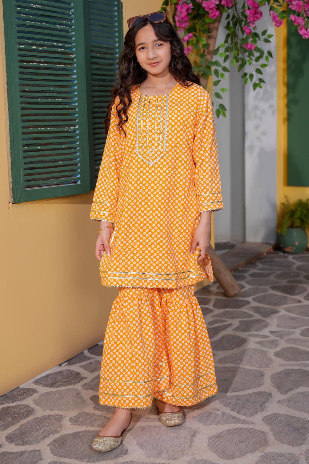 Mustard Printed Girls Kurta Sharara Set