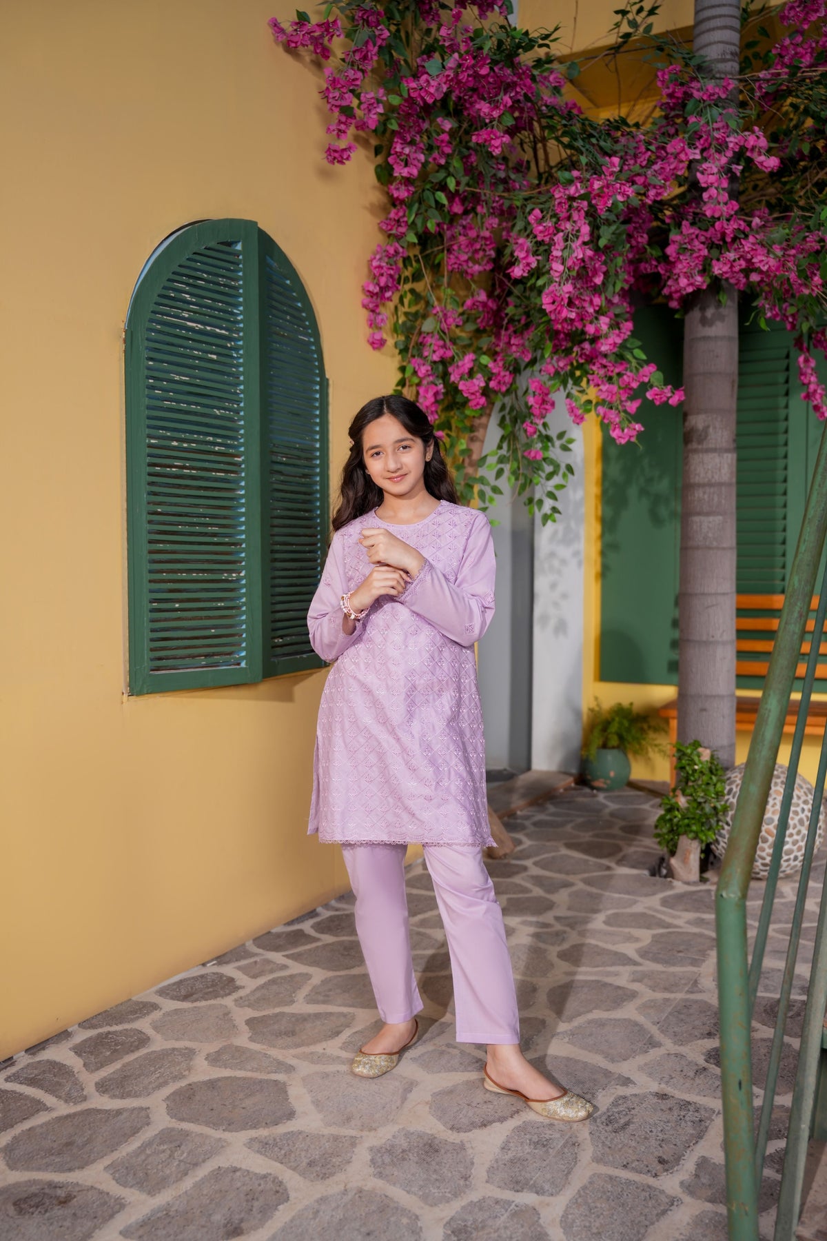 Lavender Embroidered Girls Kurta Trouser Set