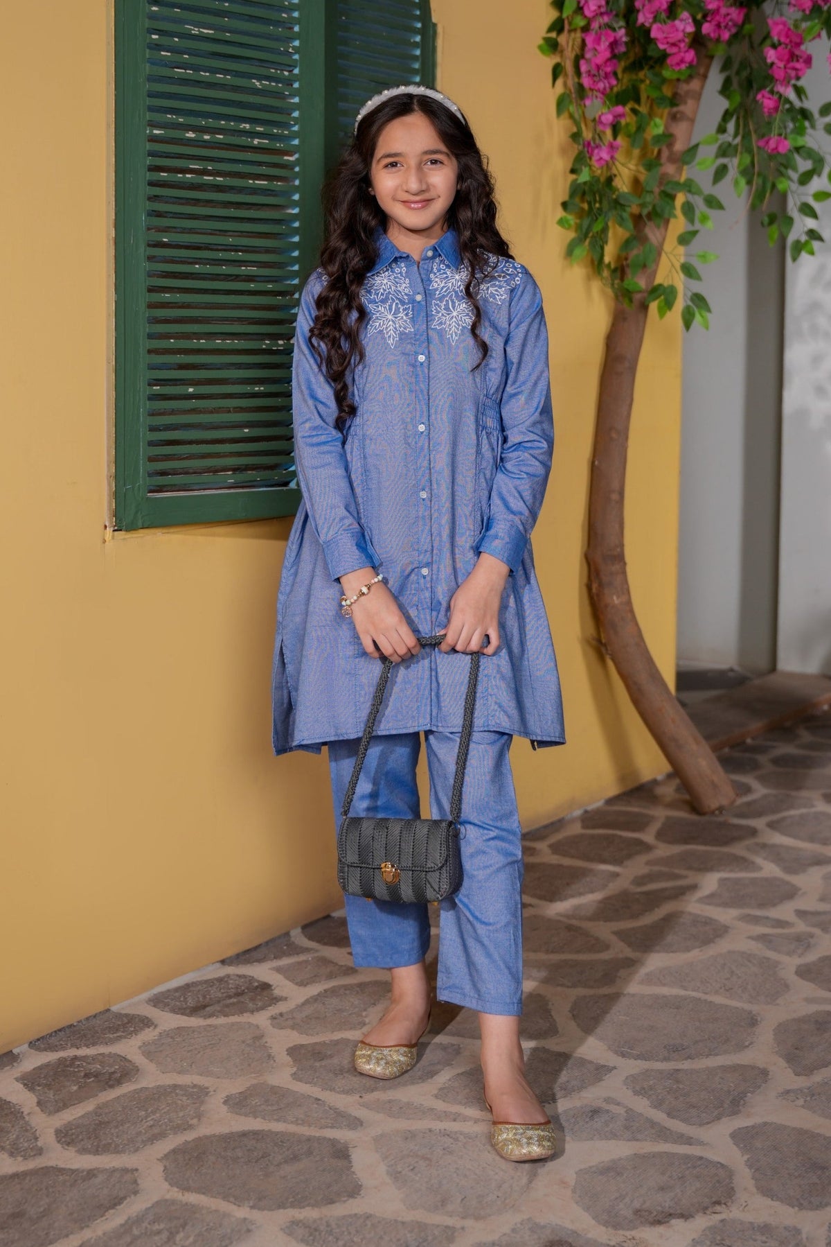 Elegant Blue Embroidered Girls Kurta Trouser Set