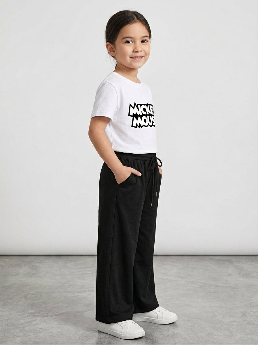 Kids "Mickey Mouse" White Drop-Shoulder T-Shirt & Black Baggy Trousers Set