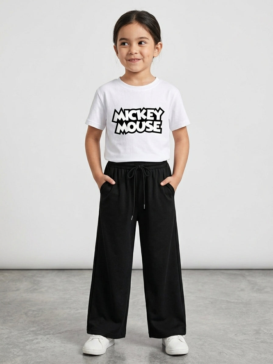 Kids "Mickey Mouse" White Drop-Shoulder T-Shirt & Black Baggy Trousers Set