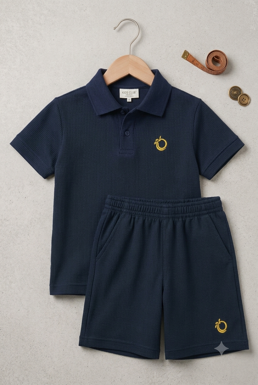 Kids Navy Blue Textured Polo Shirt With shorts