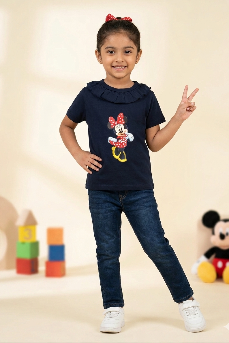 Girls' Navy Blue Minnie Mouse Ruffle Neck Cotton T-Shirt