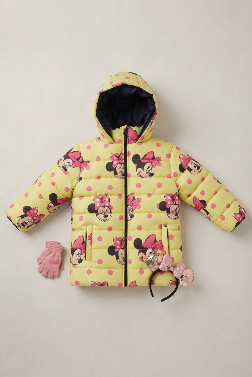 Girls Minnie Print Hooded Puffer Jacket