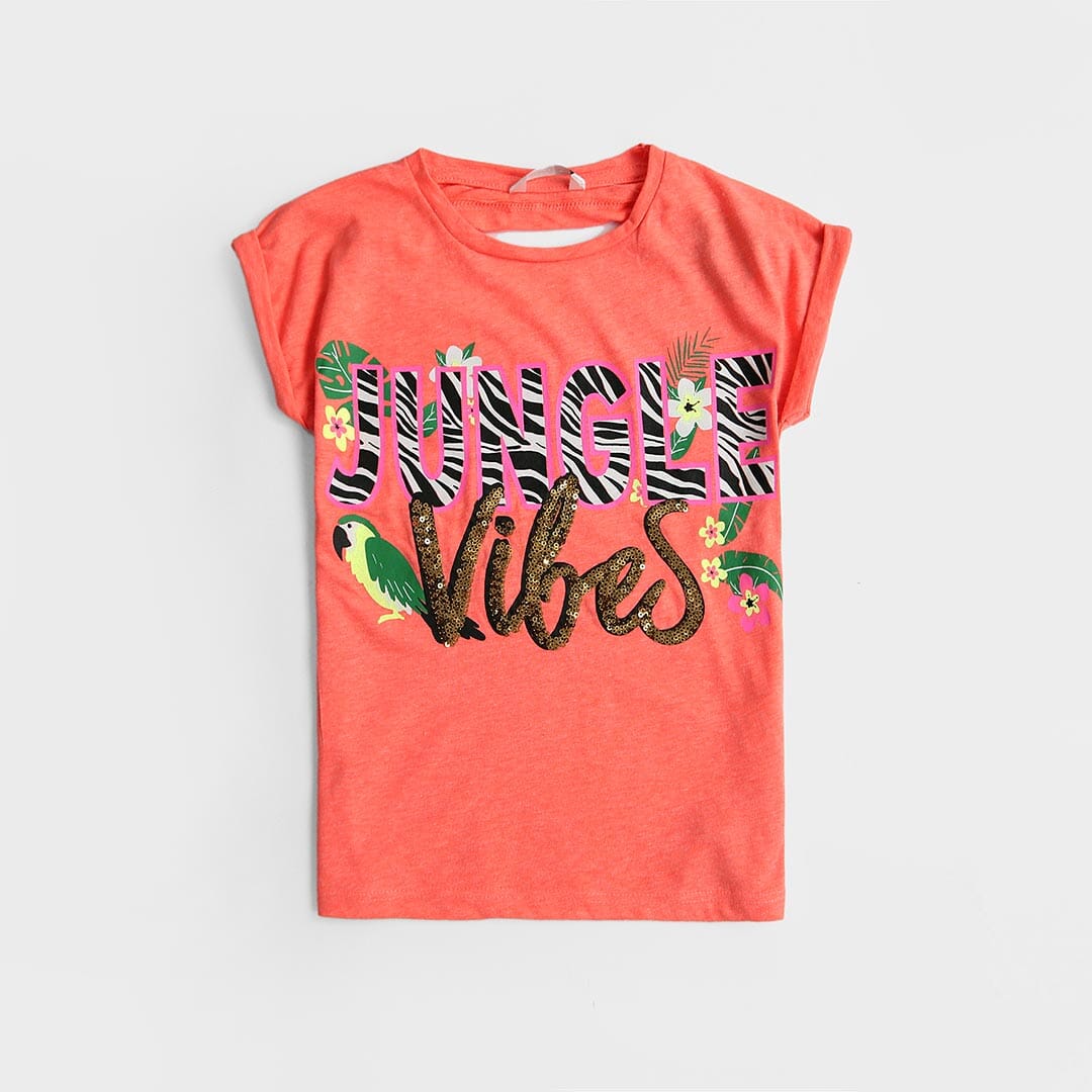 Imported "Jungle" Slogan Sequin Soft Cotton T-Shirt For Girls (120681)