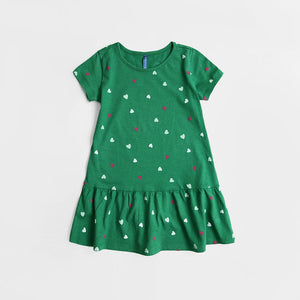 Imported Dark Green All-Over Printed Soft Cotton Frock For Girls (120686)