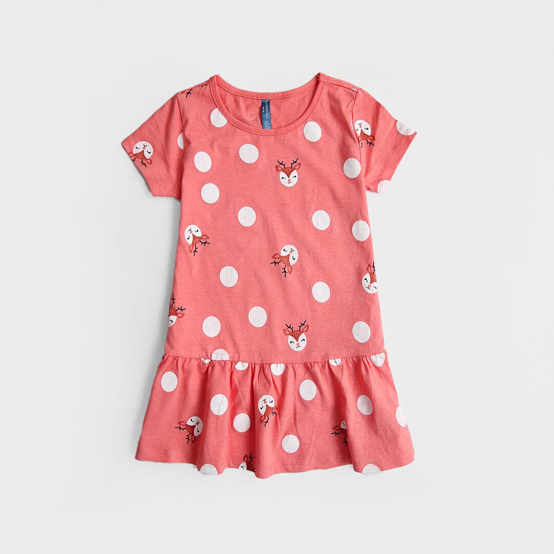 Imported Peach All-Over Printed Soft Cotton Frock For Girls (120687)