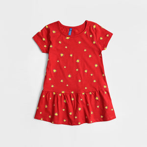 Imported Red All-Over Printed Soft Cotton Frock For Girls (120680)