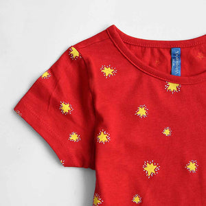 Imported Red All-Over Printed Soft Cotton Frock For Girls (120680)