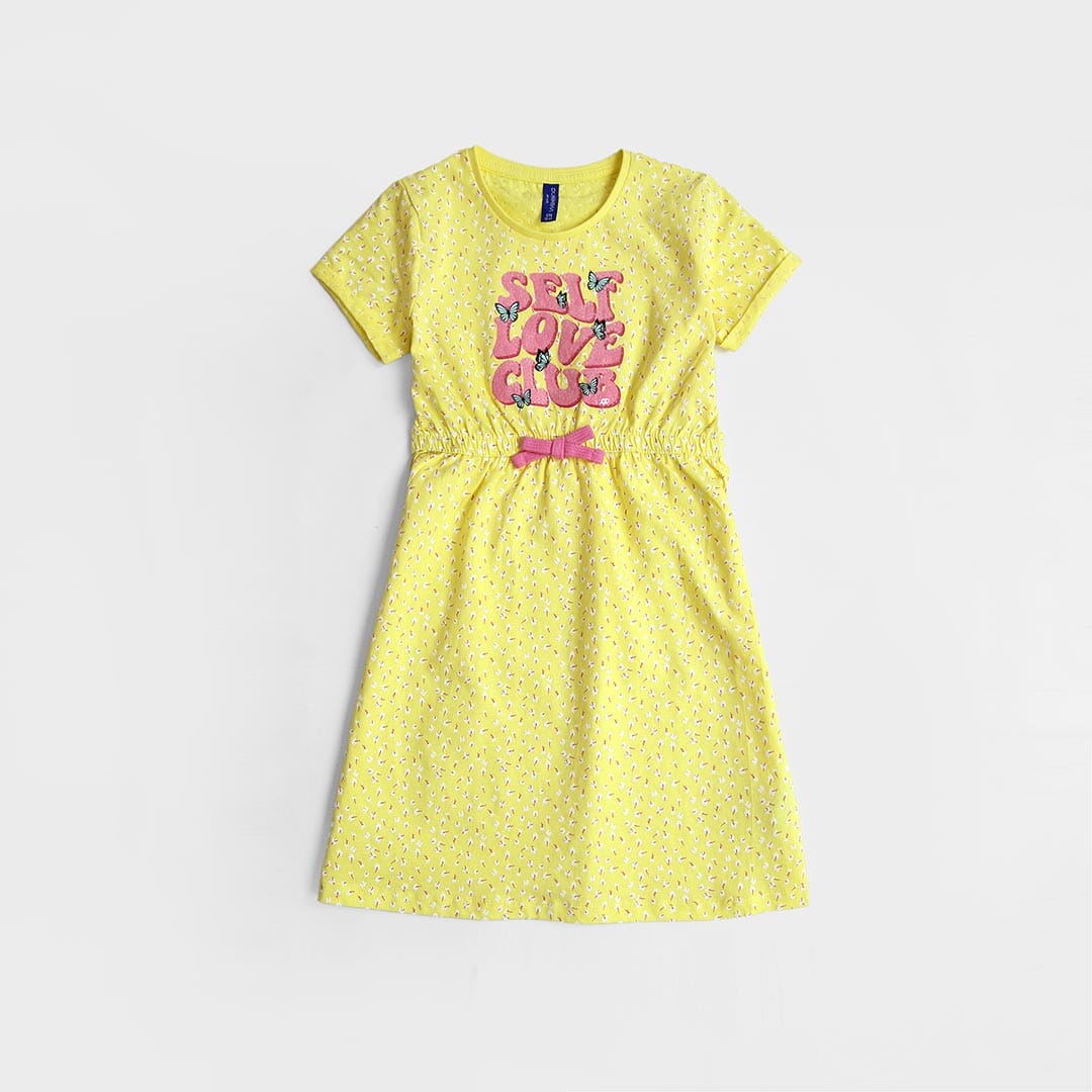 Imported  Yellow All-Over Printed Sequin Embroided Soft Cotton Frock For Girls (120705)