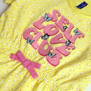 Imported  Yellow All-Over Printed Sequin Embroided Soft Cotton Frock For Girls (120705)