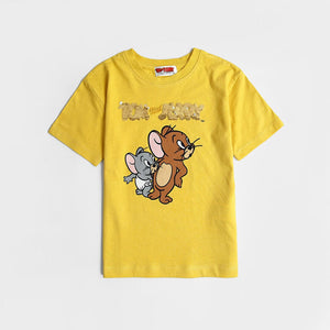 Imported Mustard Tom & Jerry Sequin Embroided Soft Cotton T-Shirt For Boys (120709)