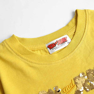 Imported Mustard Tom & Jerry Sequin Embroided Soft Cotton T-Shirt For Boys (120709)