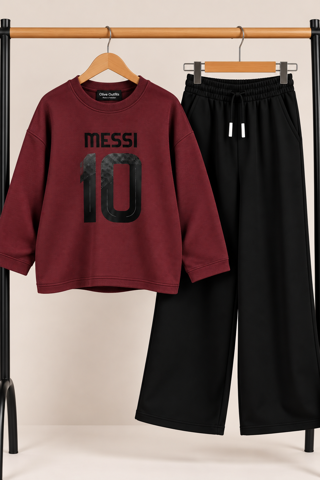 Girls Maroon Messi 10 Printed Sweatshirt &amp; Black Wide-Leg Trouser Set