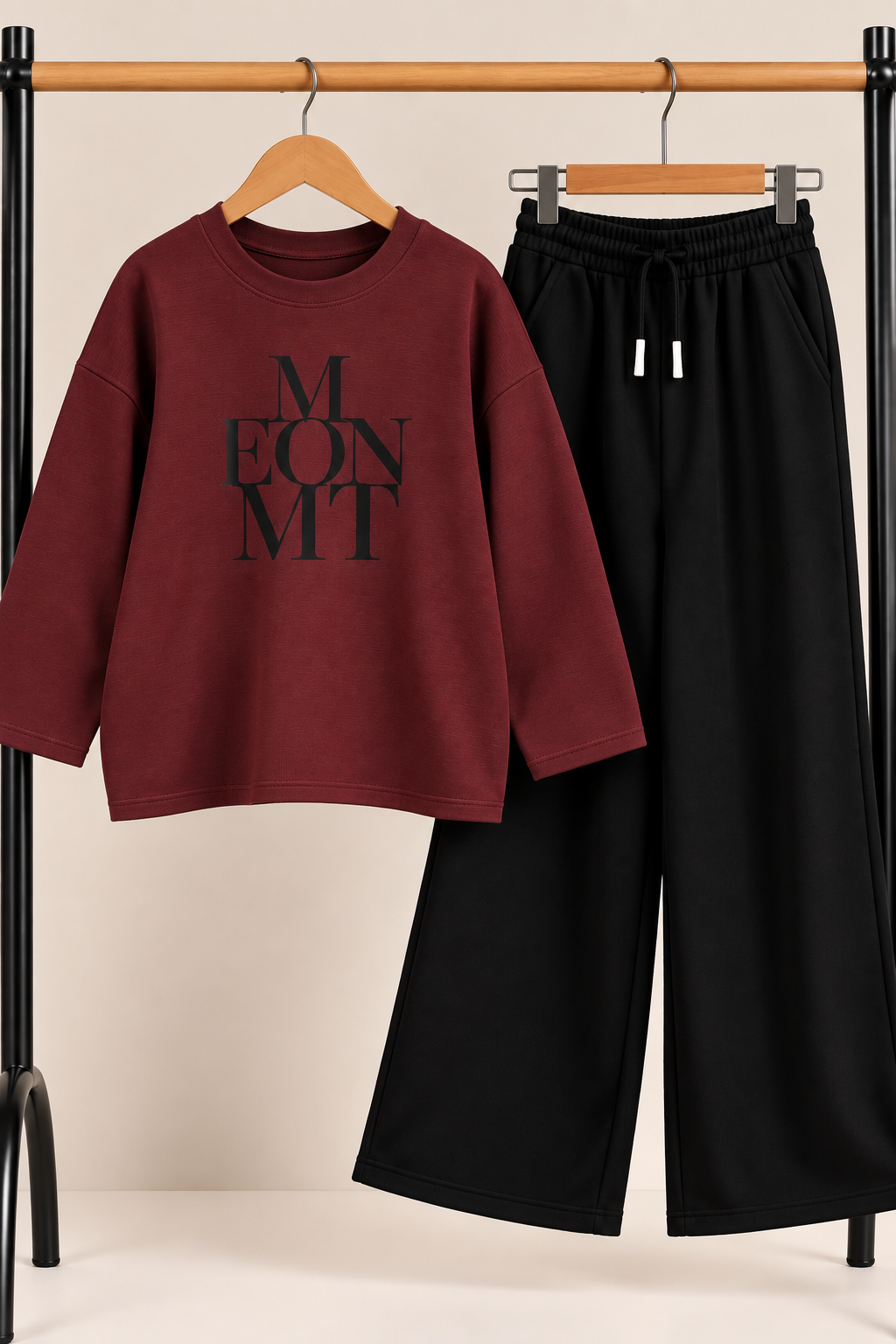 Girls Burgundy M EON MT Printed Oversized Sweatshirt &amp; Black Wide-Leg Trouser Set