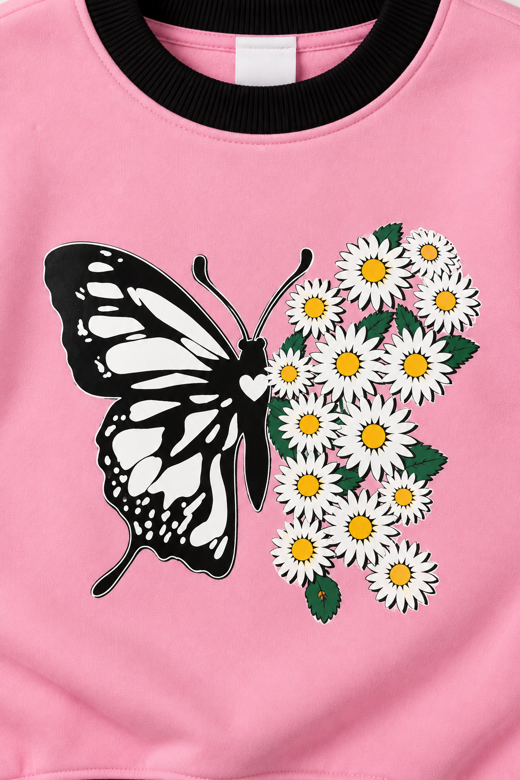 Title: Pink Butterfly & Daisy Printed Sweatshirt with Black Trouser Set