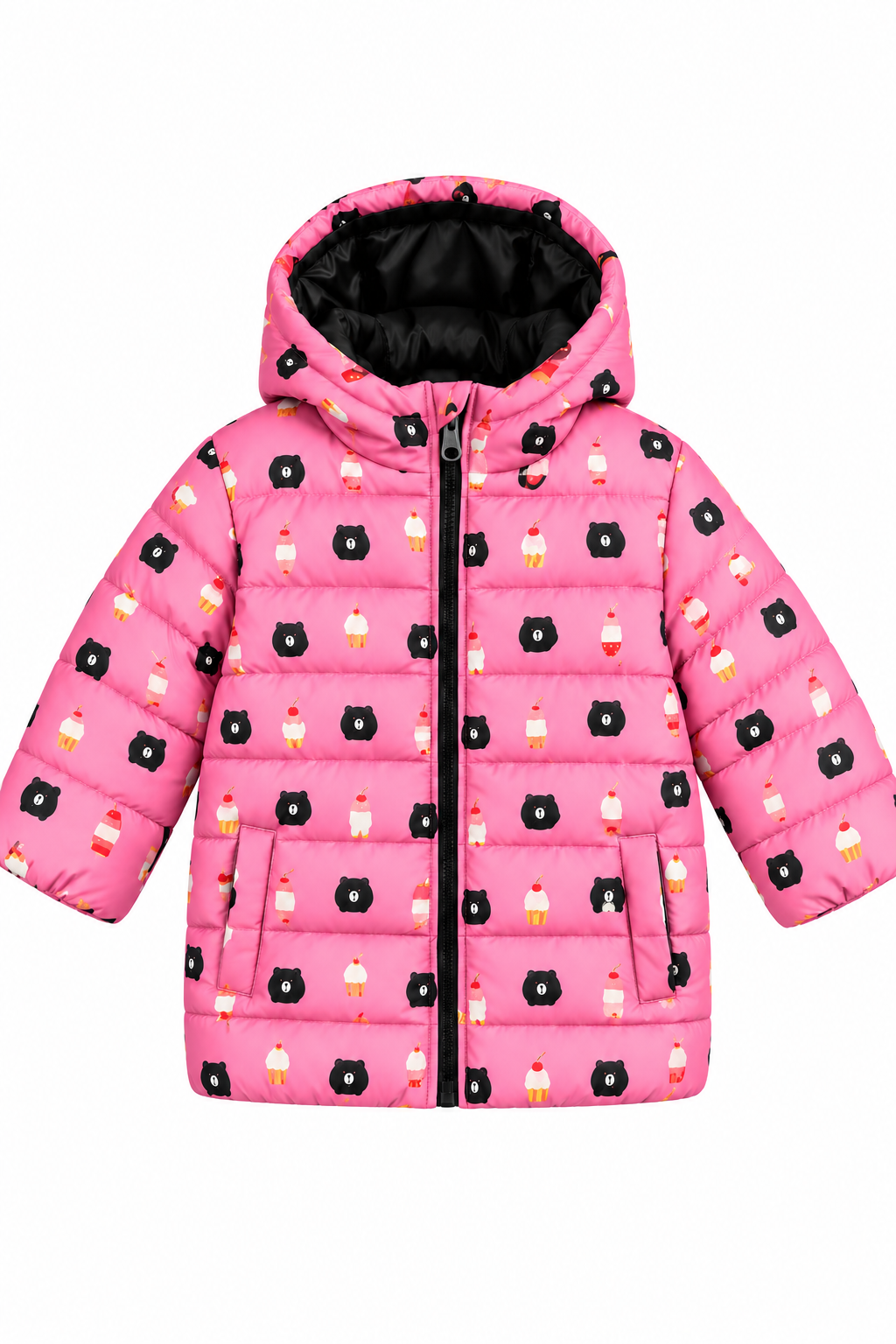 Girls Pink Bear Print Hooded Puffer Jacket