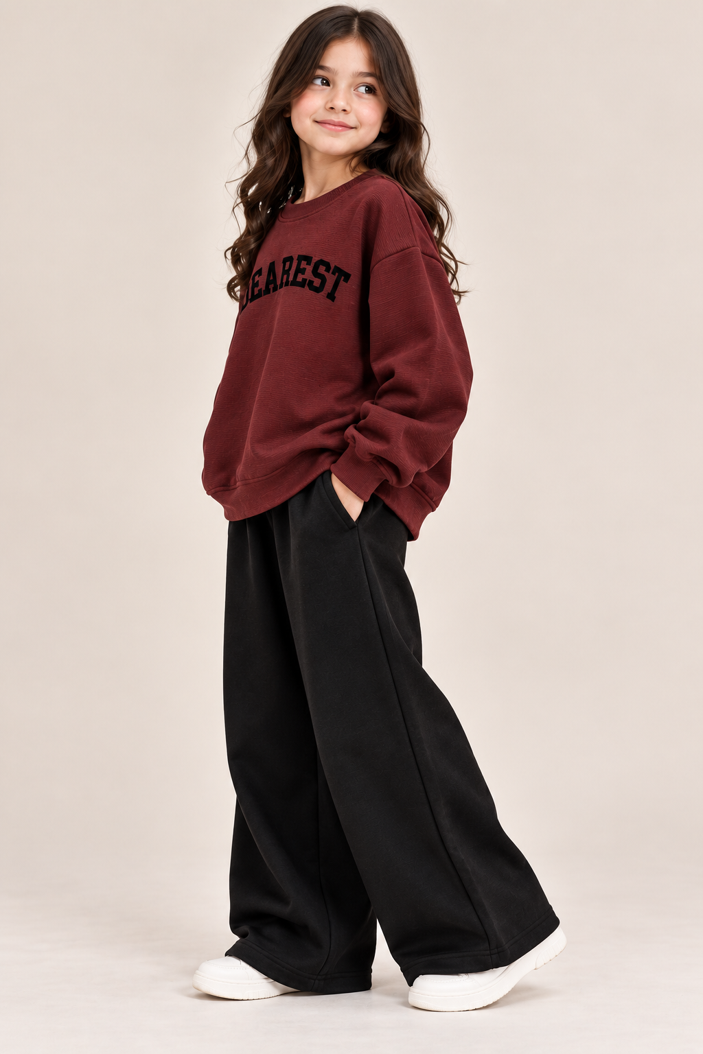 Girls Burgundy DEAREST Printed Sweatshirt & Black Wide-Leg Trouser Set