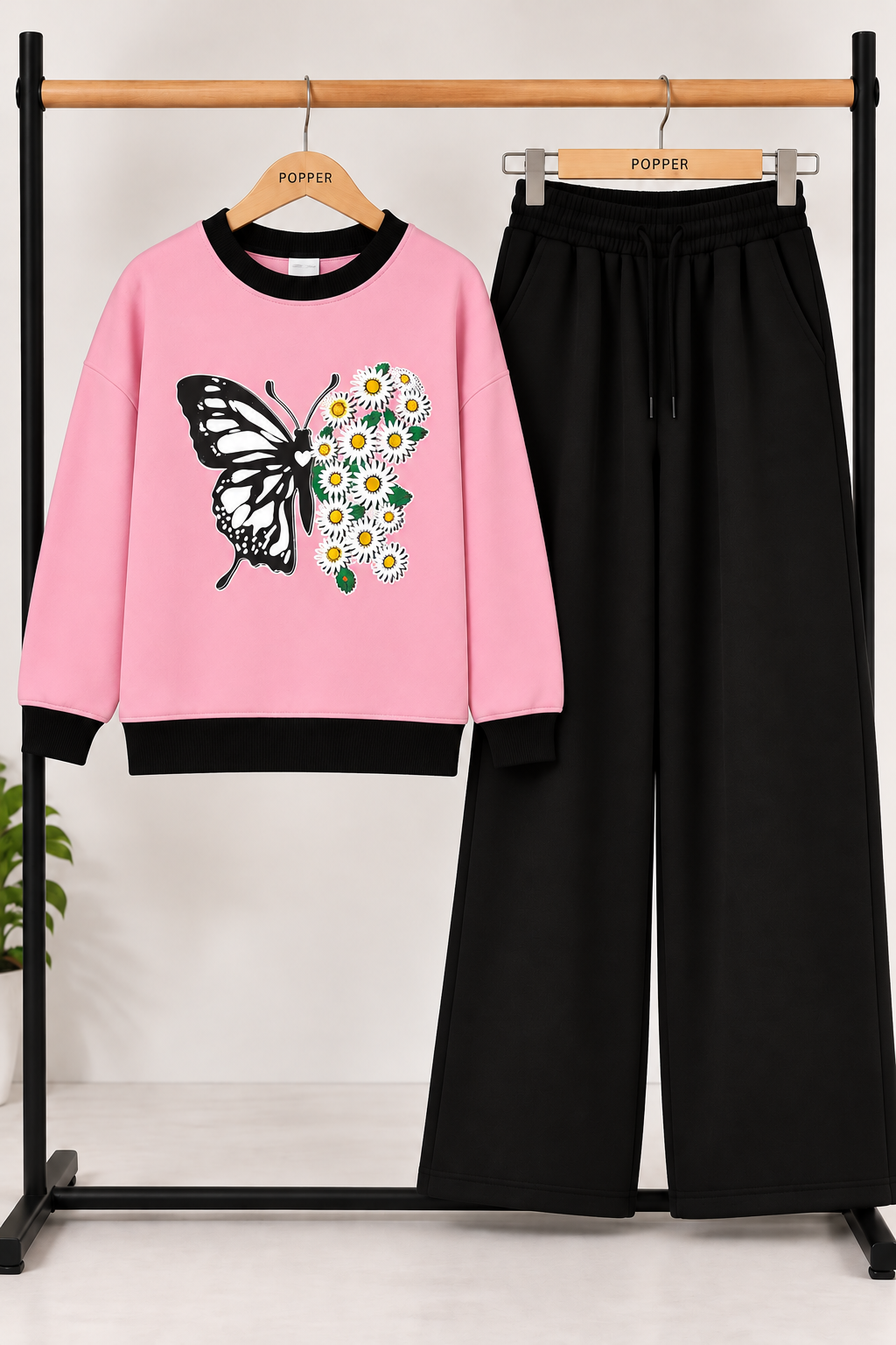 Title: Pink Butterfly &amp; Daisy Printed Sweatshirt with Black Trouser Set
