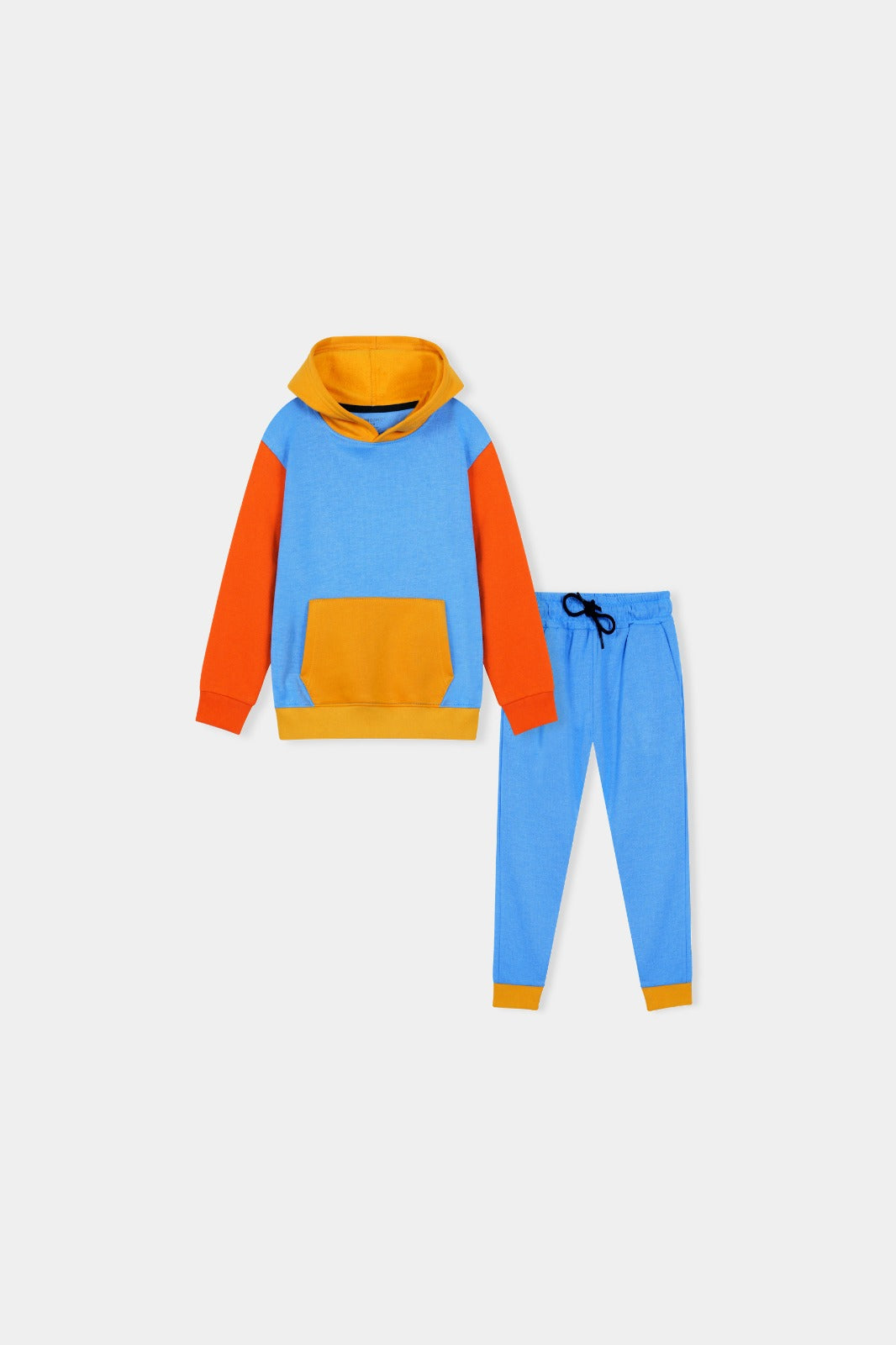 Boys Colorblock Hoodie & Jogger Set – Blue, Orange & Mustard