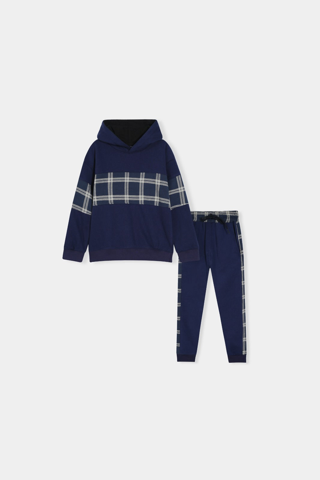 Boys Navy Grid Stripe Hoodie & Jogger Set