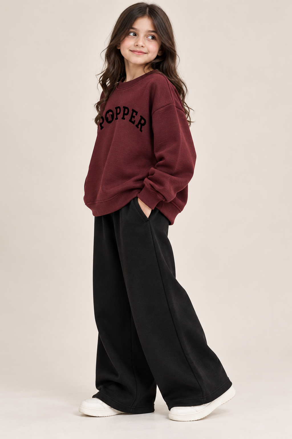 Girls Maroon POPPER Printed Sweatshirt & Black Wide-Leg Trouser Set
