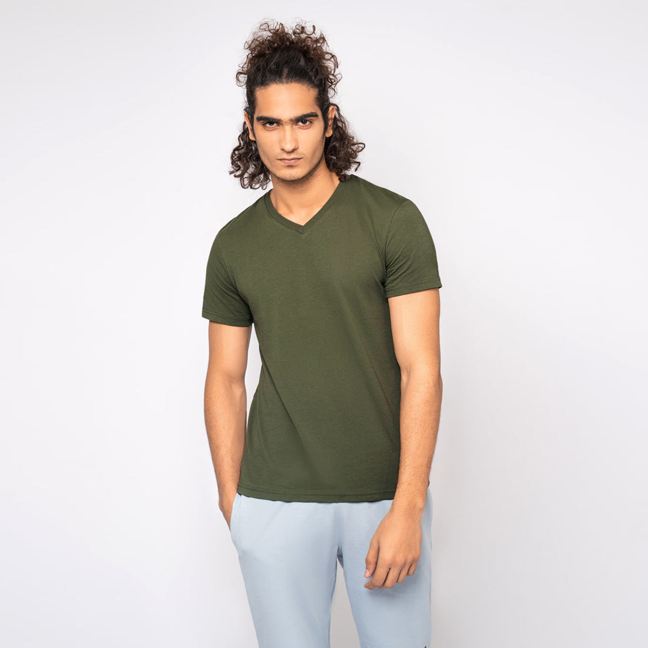 Olive V-Neck Soft Cotton T-Shirt For Men (10587)