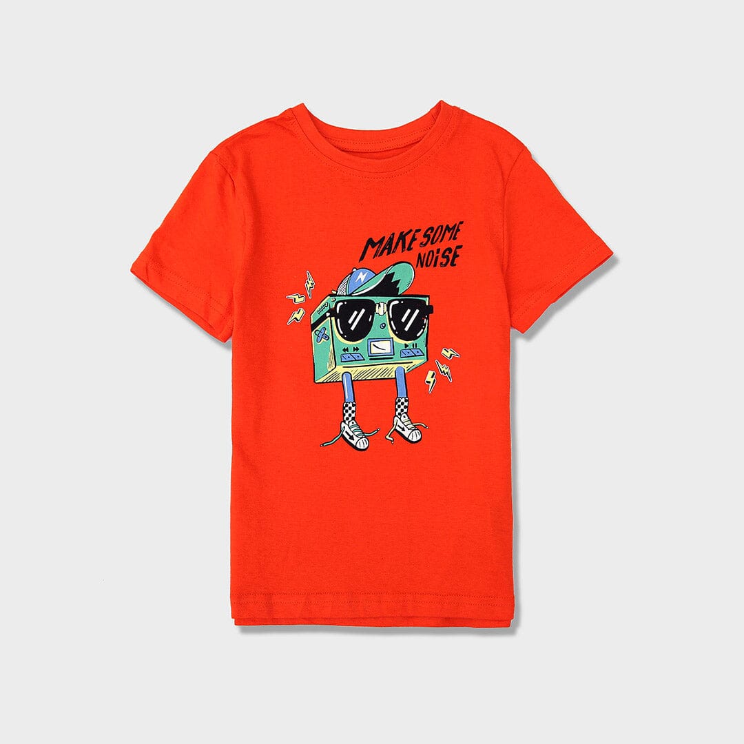 Imported Orange "Make Some Noise" Slogan Printed T-Shirt For Boys (120393)