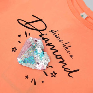 Imported Peach Sequine Embroided Soft Cotton T-Shirt For Girls (120513)