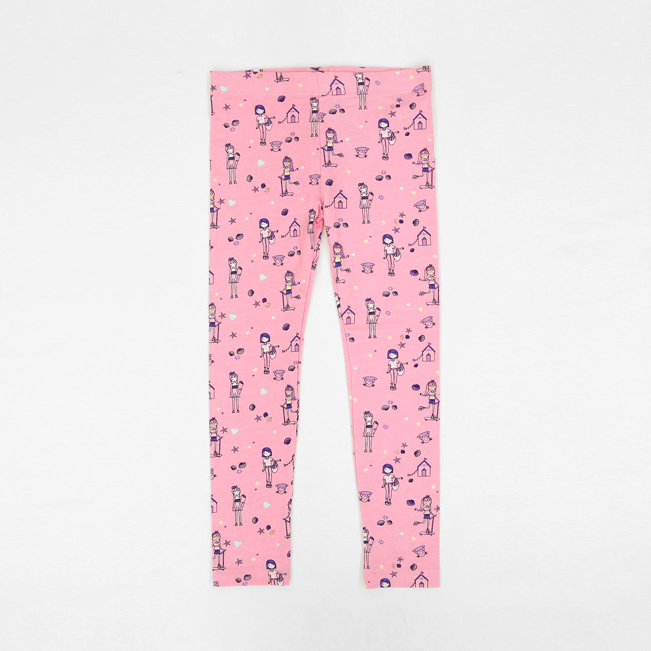 Imported Pink All-Over Printed Soft Cotton Stretch Legging For Girls (11587)