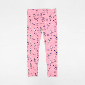 Imported Pink All-Over Printed Soft Cotton Stretch Legging For Girls (11587)