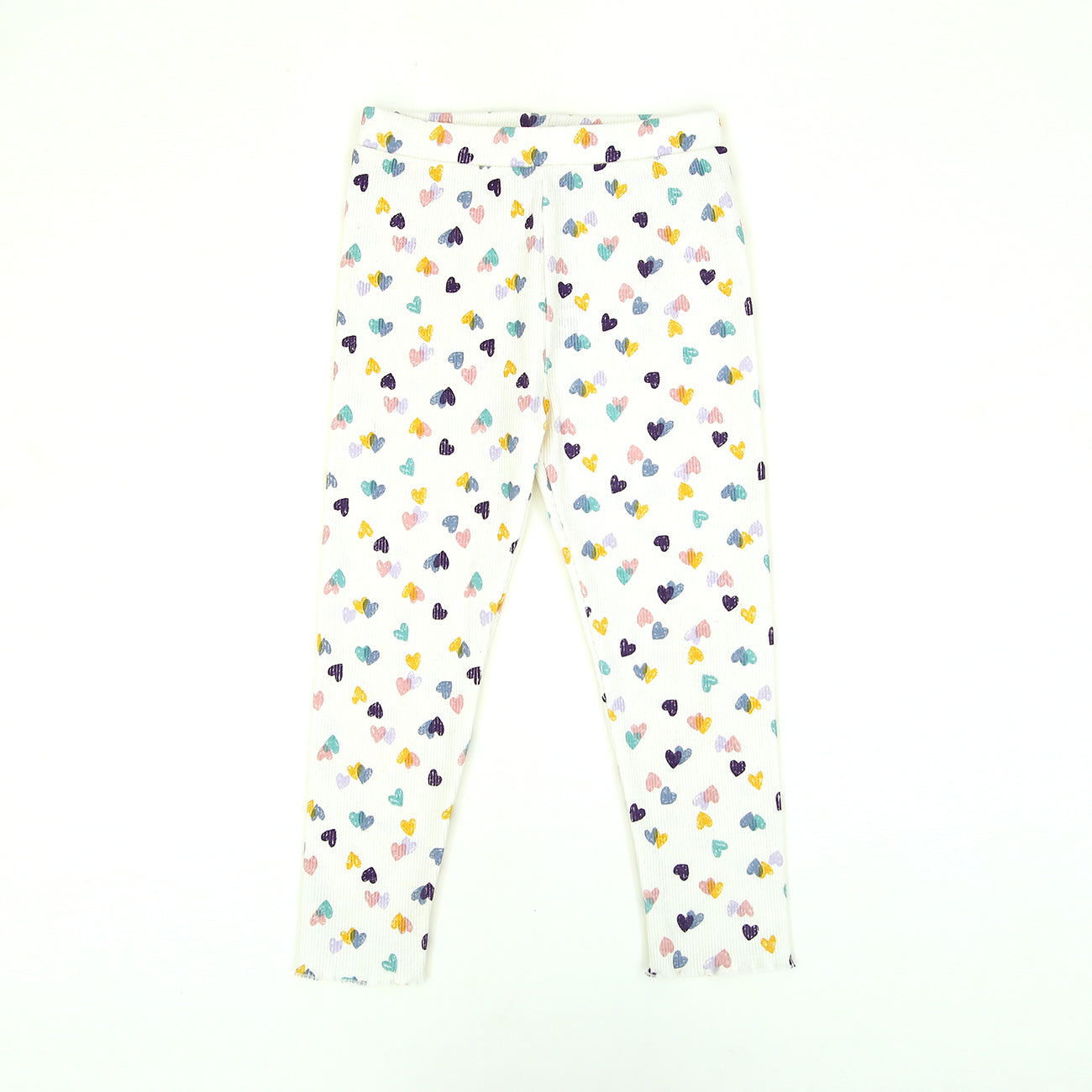 Imported White All-Over Heart Printed Soft Cotton Rib Legging For Girls (11588)