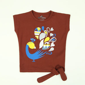 Peafowl Printed With Side Tie Cotton T-Shirt For Girls (11065)