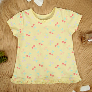 Girls Imported Yellow All-Over Cherry Printed Soft Cotton Frill Frock (21131)