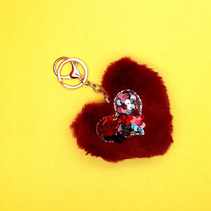 Fluffy fur heart metal key chain
