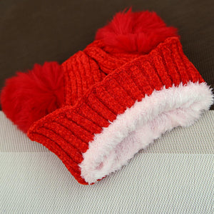 Premium Quality Knitted Fur Lined Wool Pompom Velvet Soft Stretch Cap For Kids